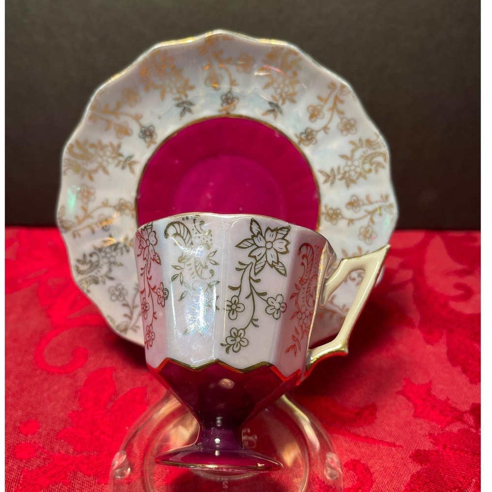 Vintage Porcelain Teacup and Saucer Burgundy Lilac Gold Flowers Made in Japan